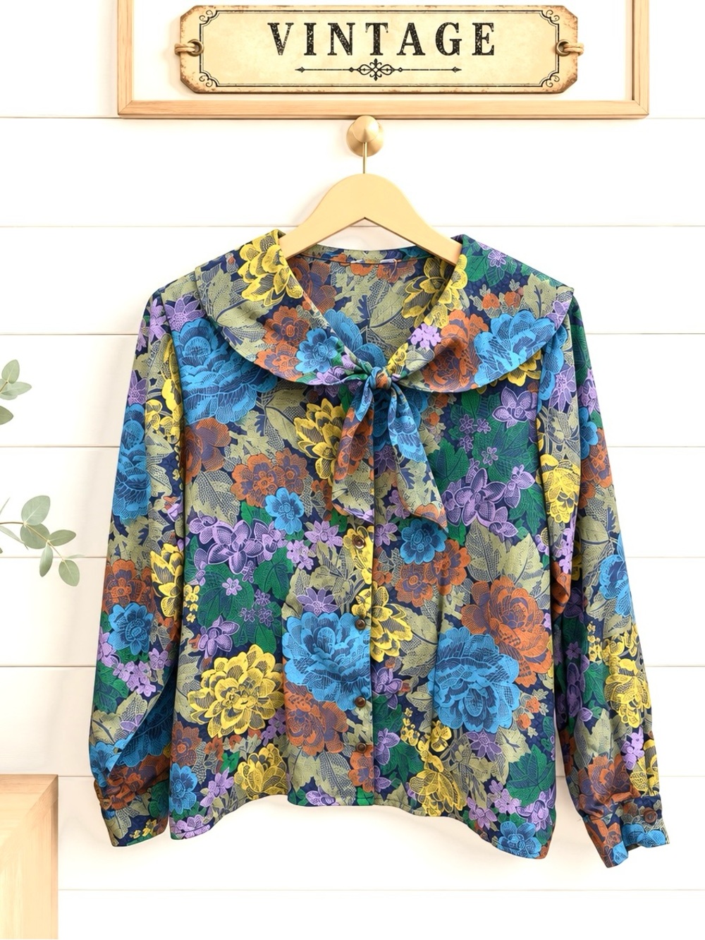 Vintage Floral Tie-Neck Blouse – Estimated Size L/XL
